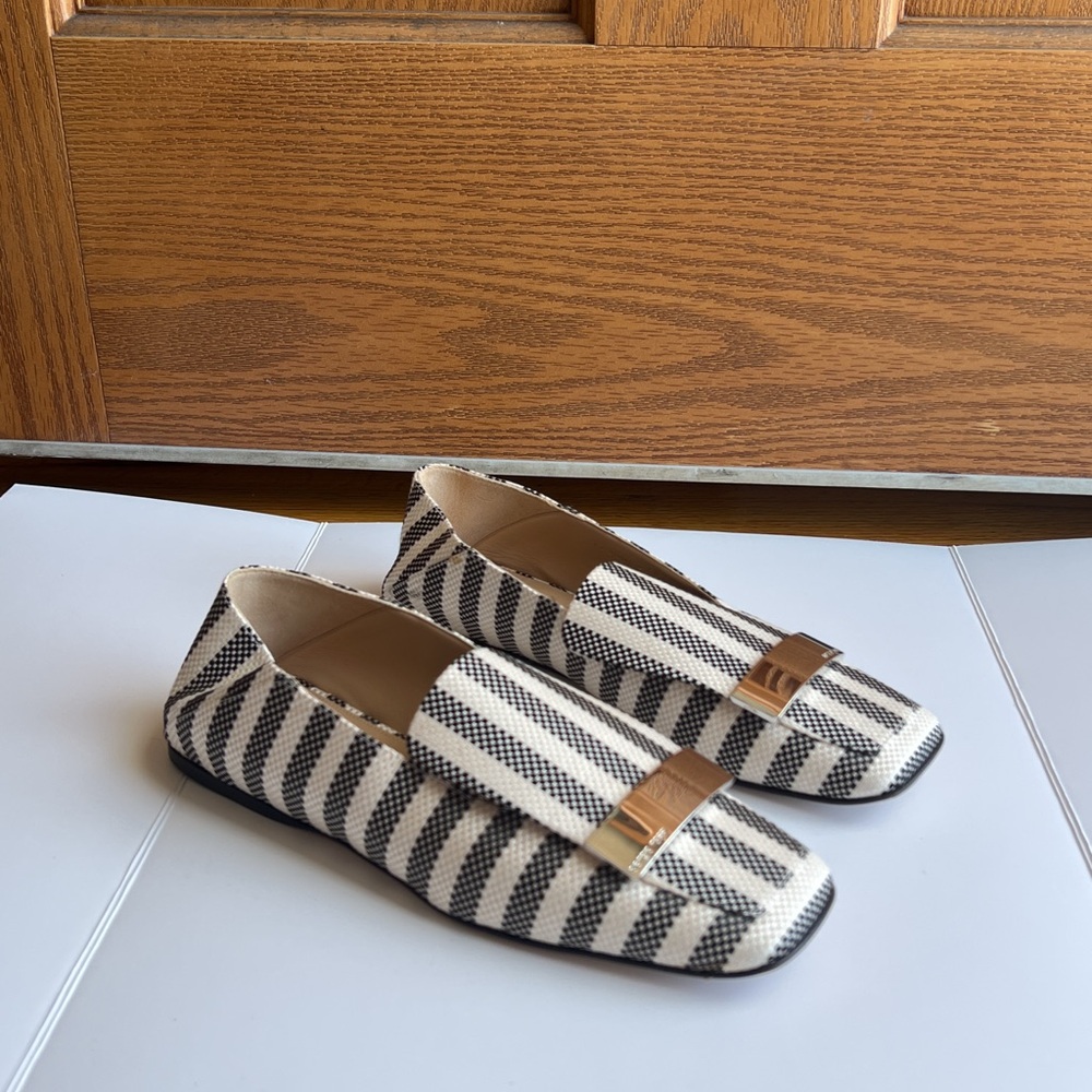 Sergio Rossi Black White Stripe Jacquard Embellished Loafers Collapsible Heel